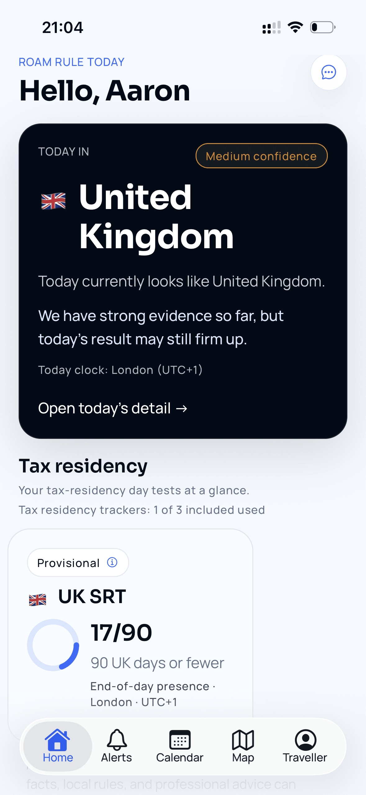 Roam Rule home screen showing today's country and tax residency tracker.
