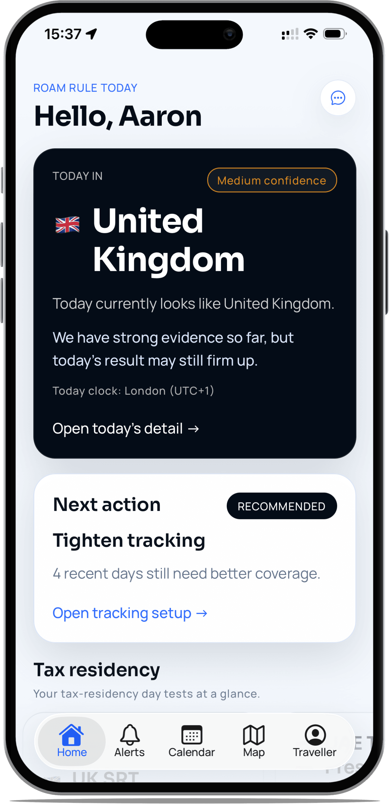 Roam Rule app shown inside an iPhone mockup.