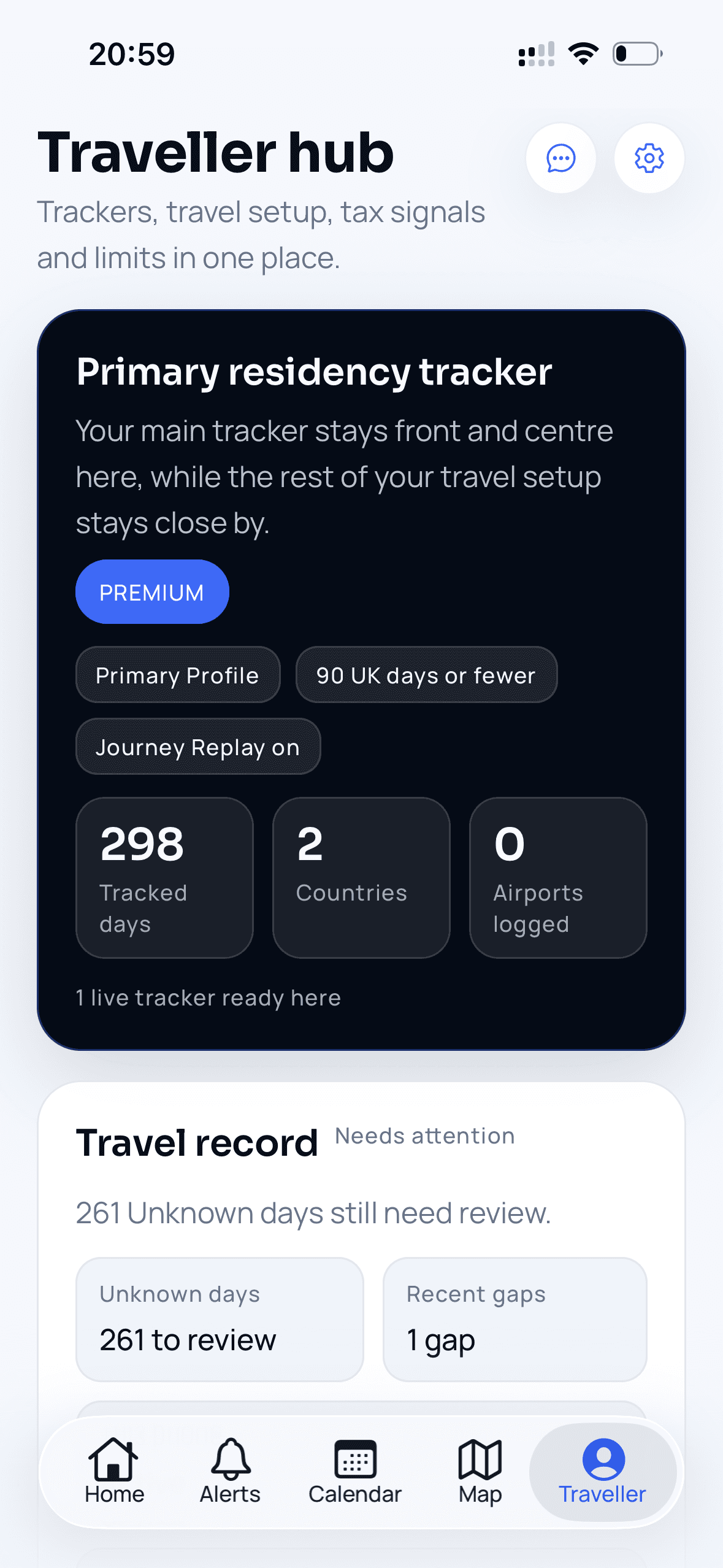 Roam Rule Traveller hub showing residency tracker and travel record.
